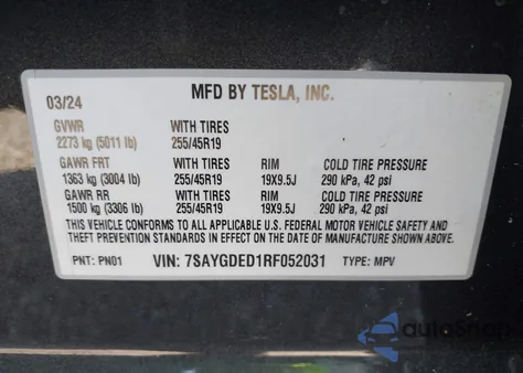 2024 Tesla Model Y из США, поврежденный, VIN 7SAYGDED1RF052031